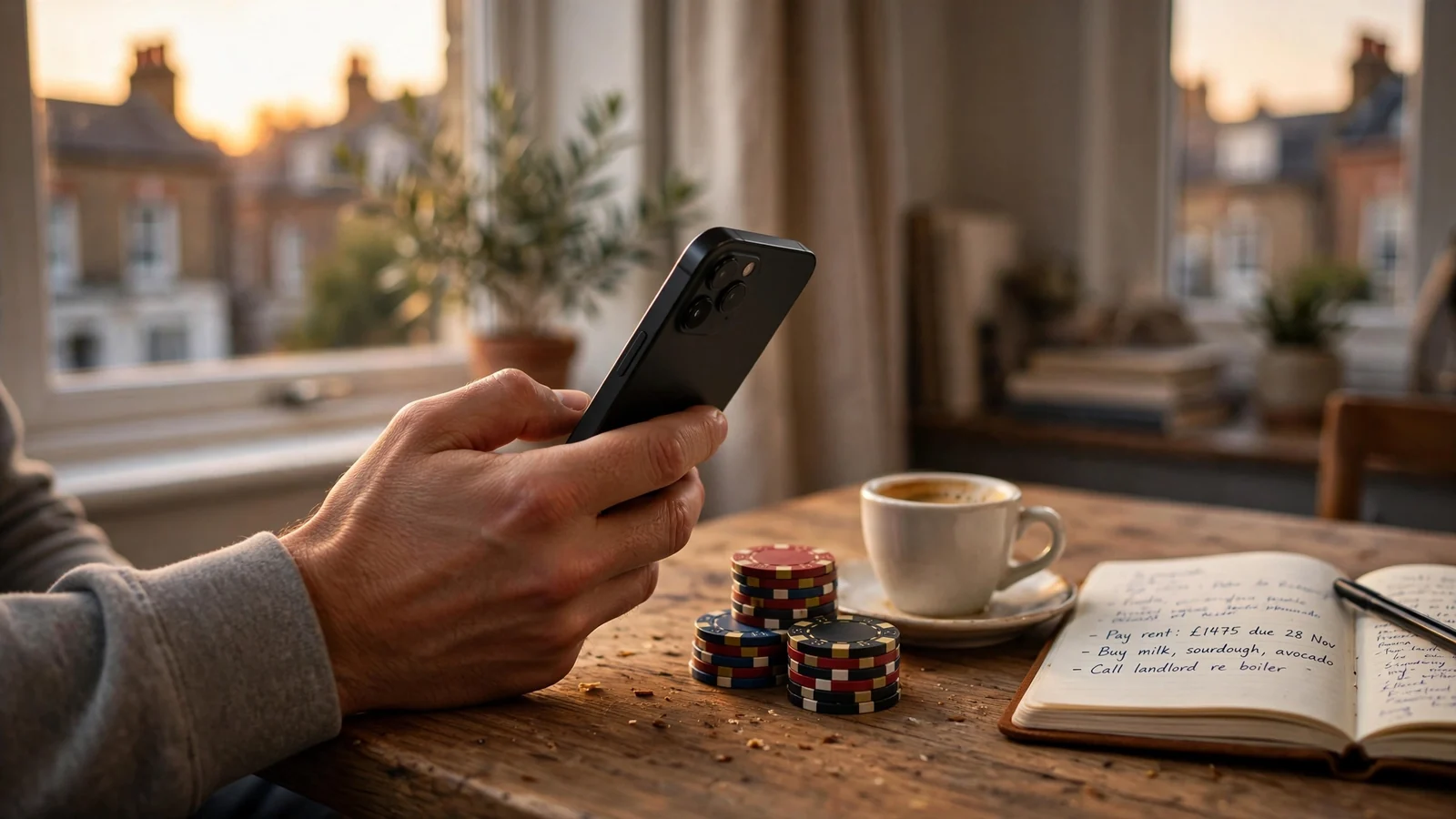 Hand holding a smartphone next to casino chips on a table
