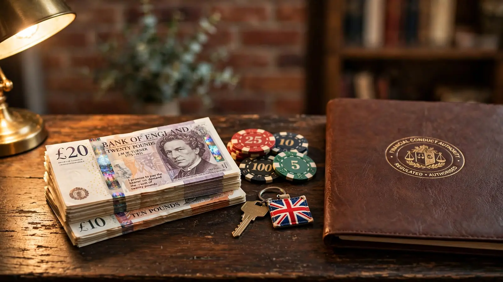 Pound banknotes, casino chips, and a licence folder on a wooden desk in a British interior.