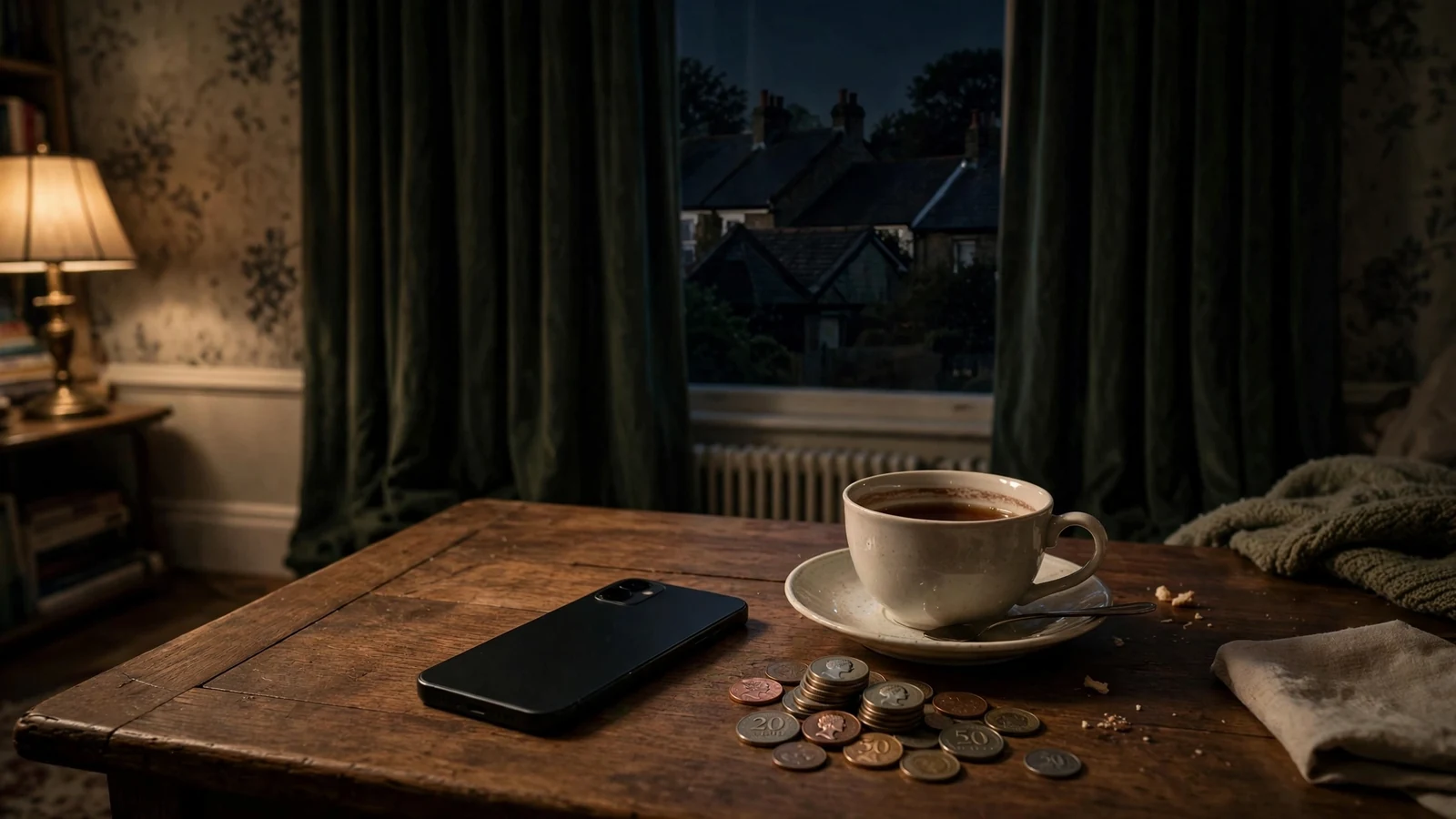 British living room at night with face-down phone on coffee table by a curtained window