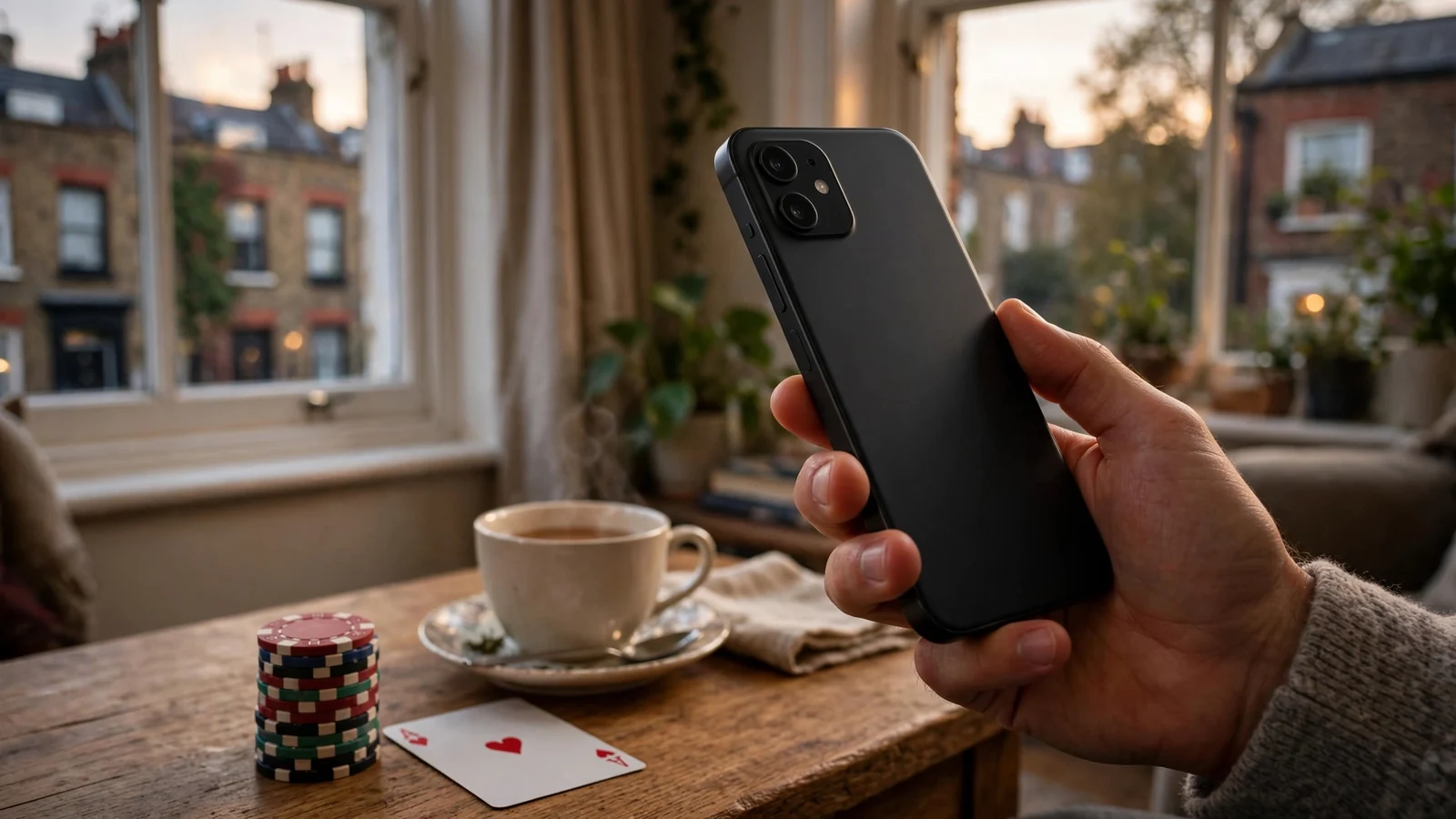Hand holding a smartphone near casino chips, playing card and tea on a table in a London flat.