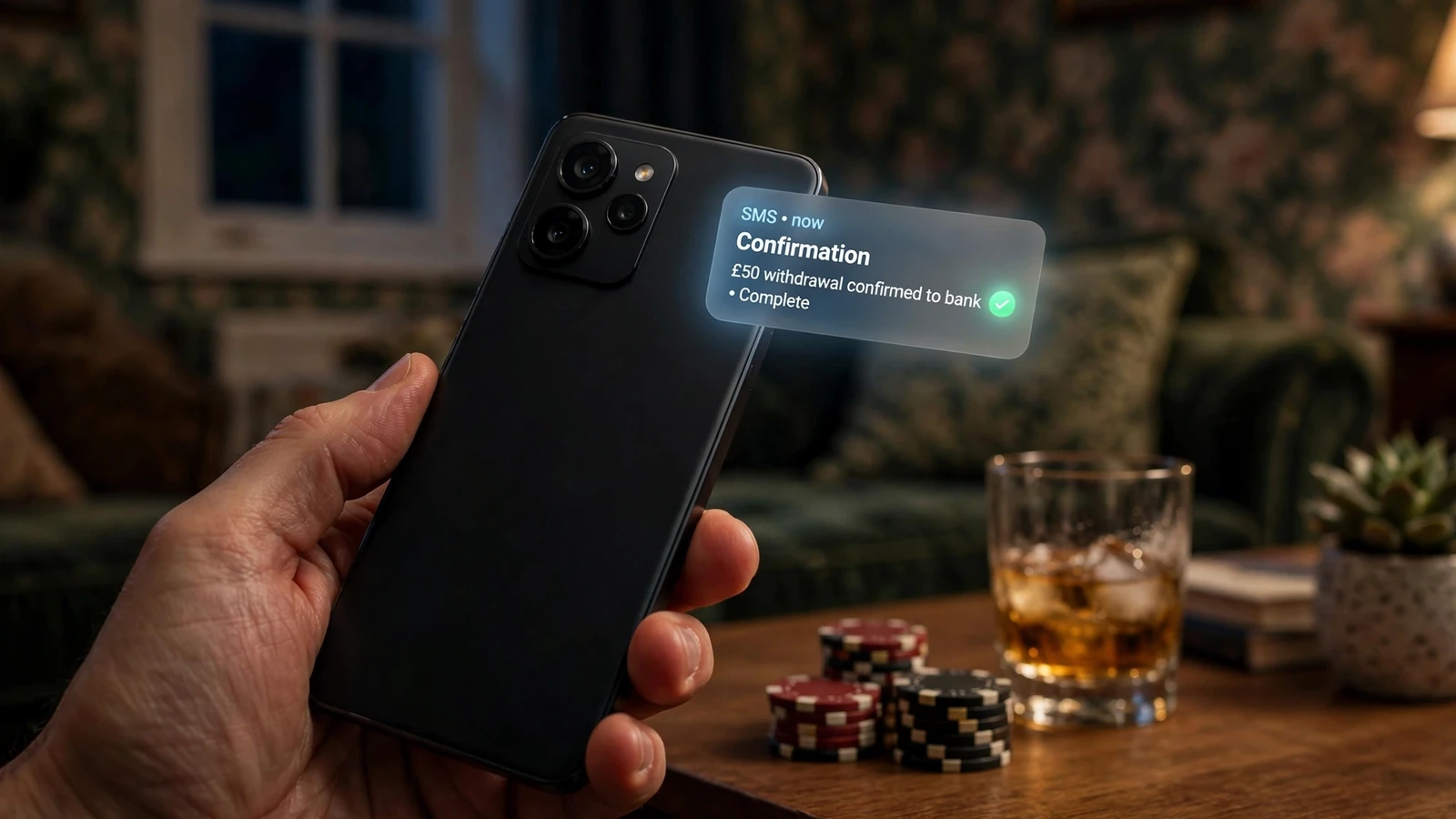 Hand holding a smartphone with hidden screen, casino chips nearby, British home setting at night
