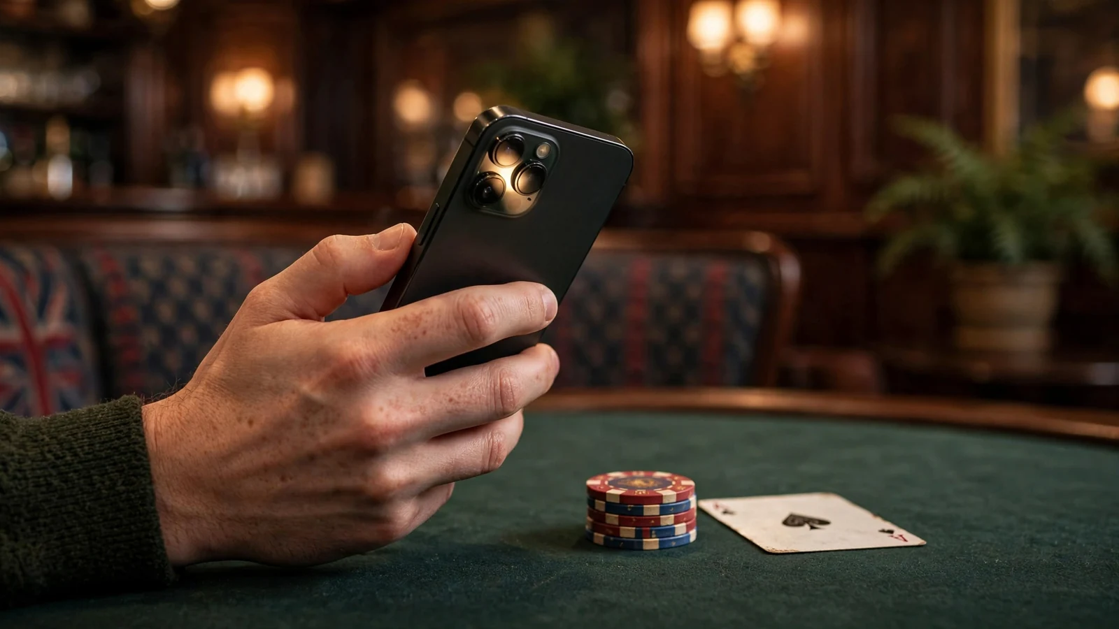 Hand holding a smartphone over a casino table with chips and a playing card.