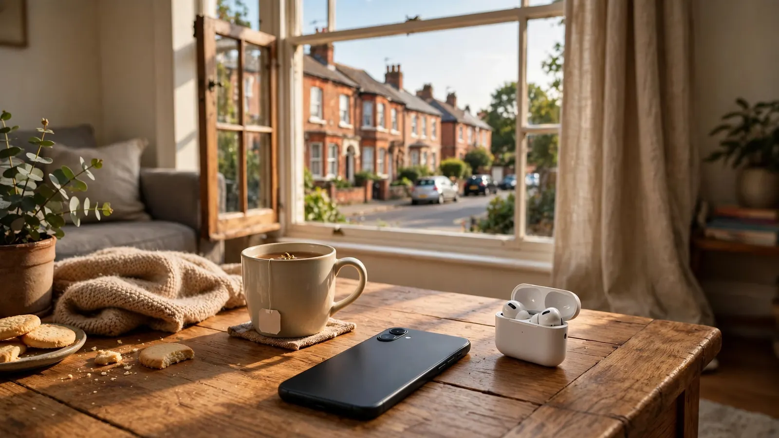 Smartphone on a coffee table in a British living room, suggesting paying by phone.