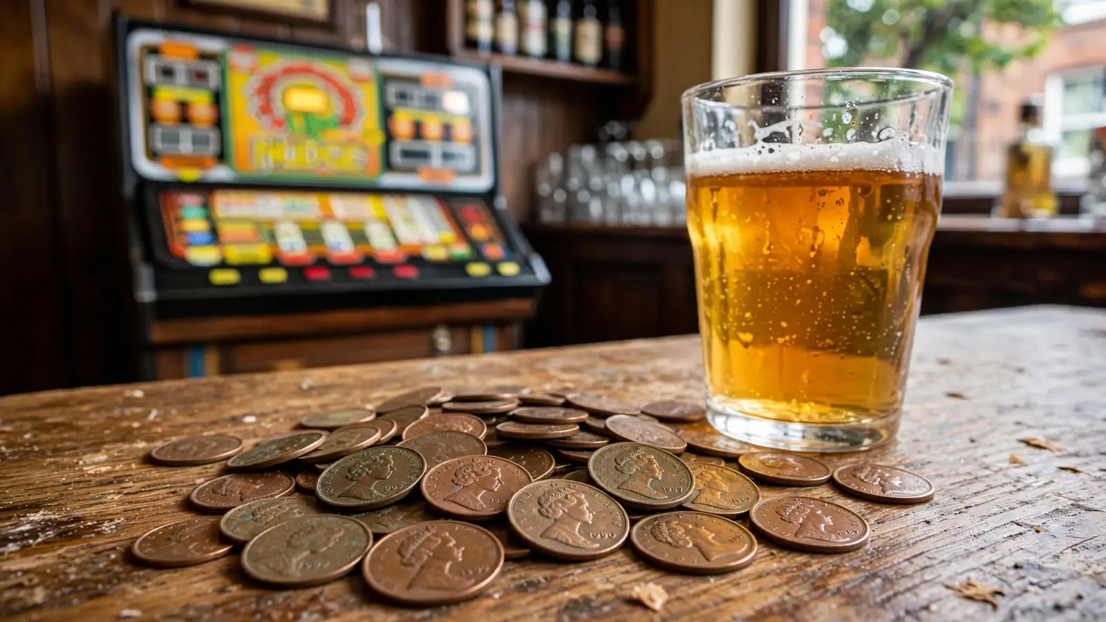 British penny coins on a pub table near a vintage slot machine.