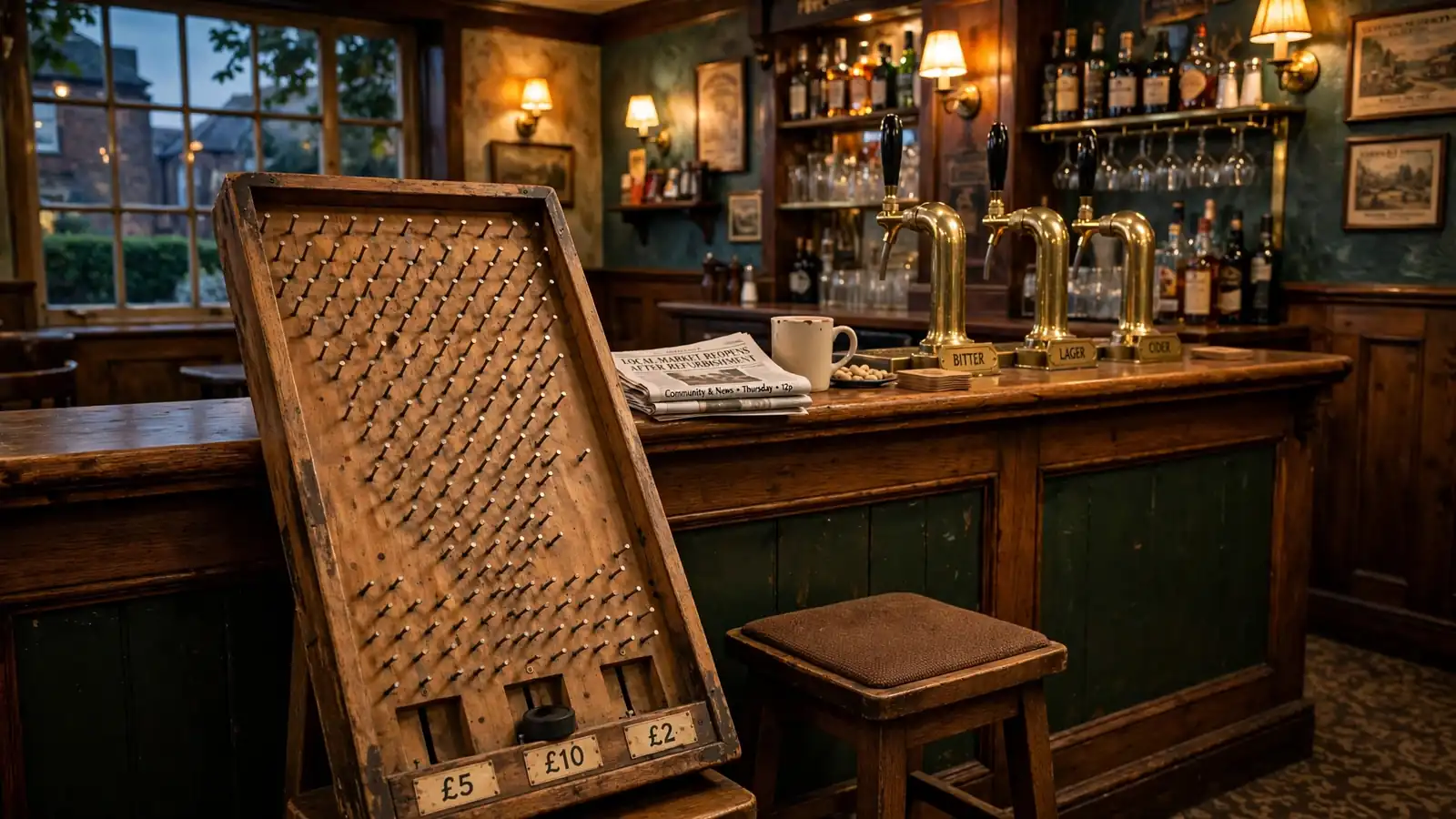 British pub interior with a wooden Plinko board and warm amber lighting