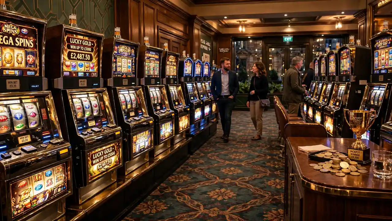 UK casino floor with slot machines, coins and evening ambience