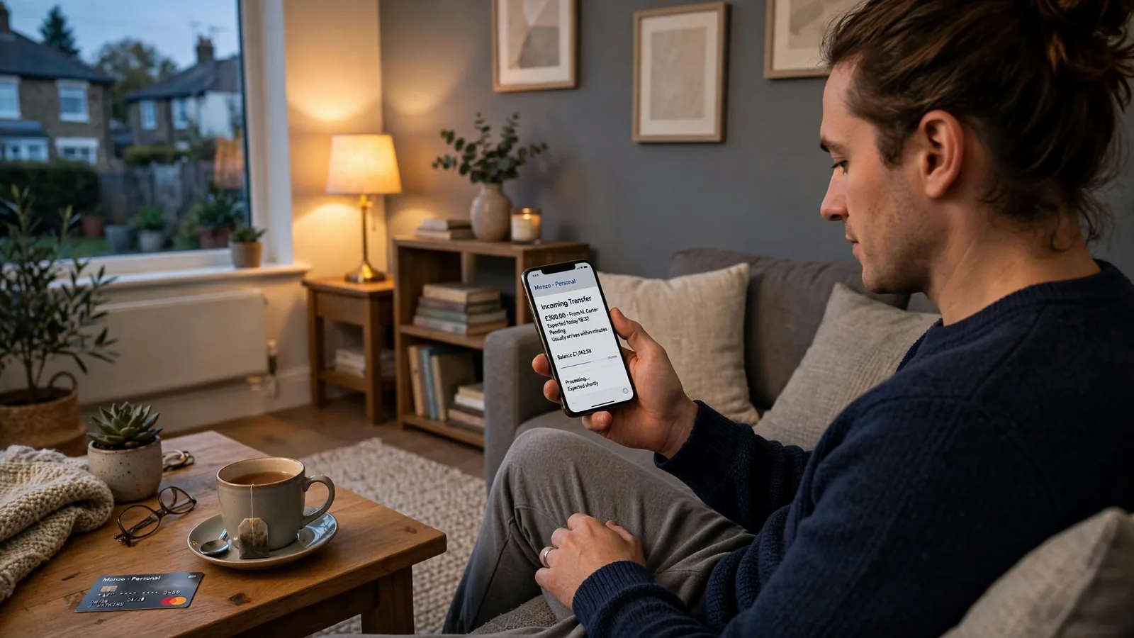 Person at home with smartphone and bank card awaiting a quick withdrawal.