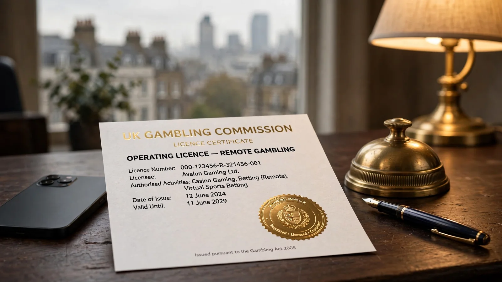 UK gambling licence certificate on a desk with a phone and lamp