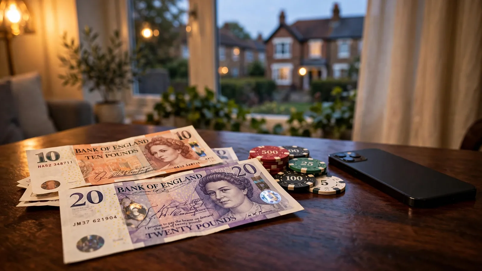 British pound notes and casino chips beside a smartphone on a dark table, warm lamp light.