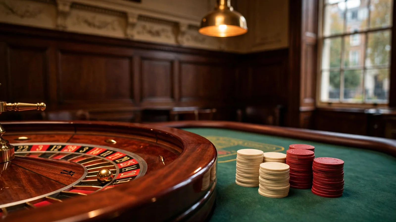 Roulette wheel and stacked chips on green felt in an upscale British gaming room