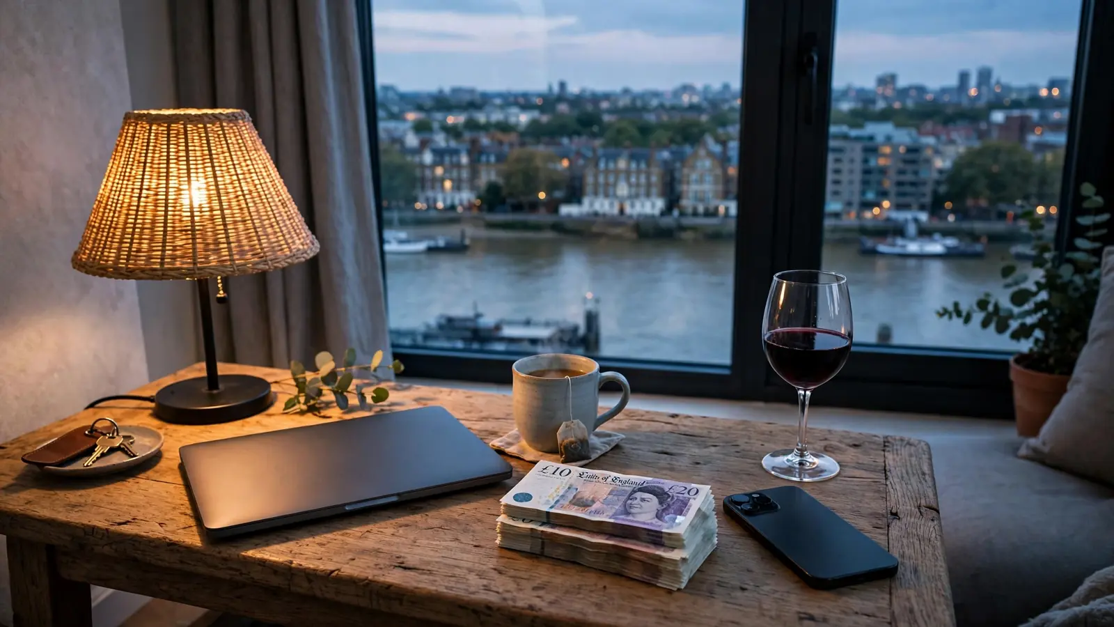 London flat interior with closed laptop, British banknotes, tea, and Thames view