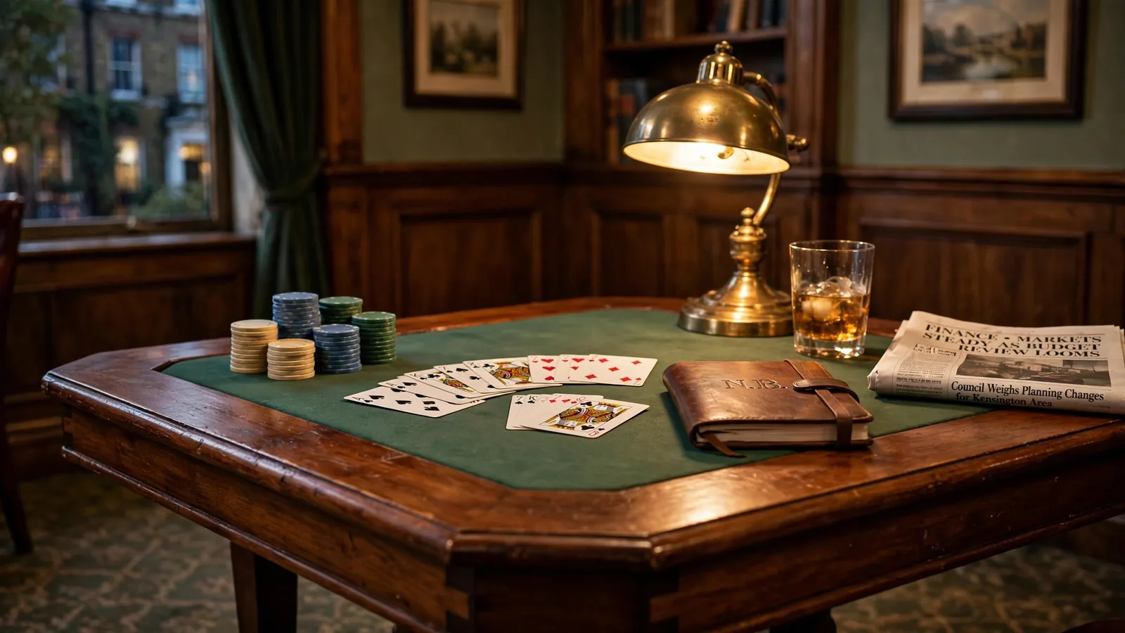 Wooden card table with casino chips and cards in a classic British club interior