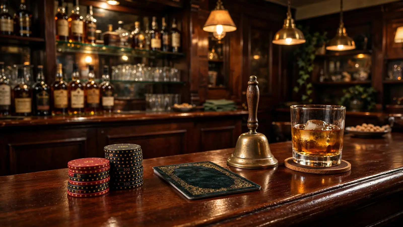 British pub bar counter with poker chips, a face-down card, a brass bell, and a whisky glass.