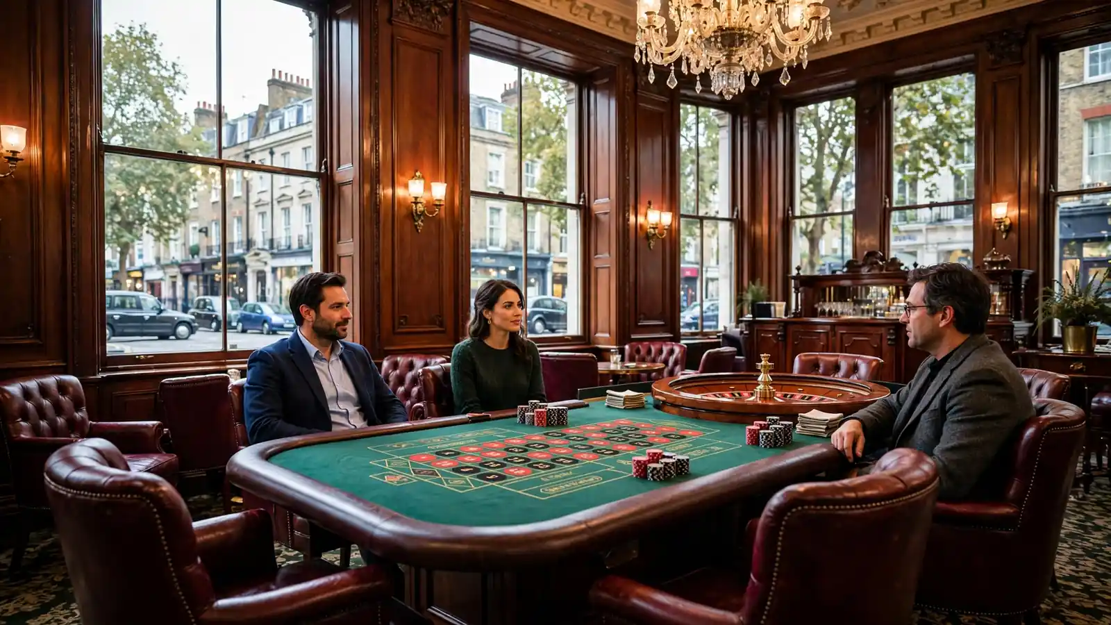 Elegant British casino lounge with roulette table, leather chairs, and chandelier.