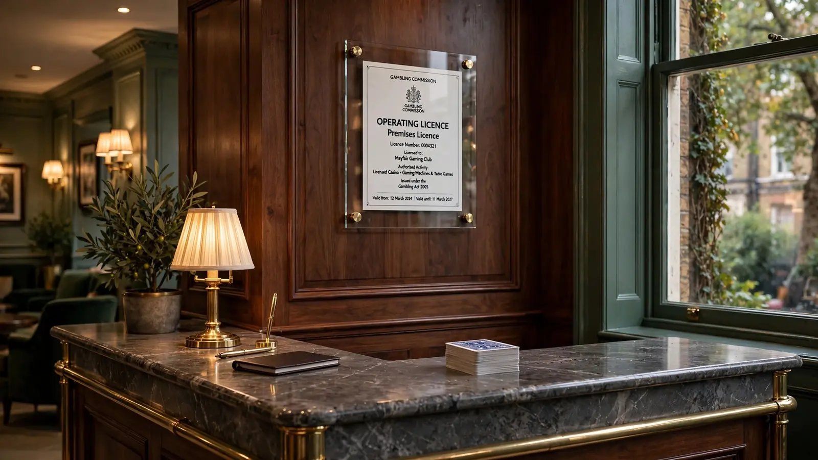 British casino lobby with an official licence plaque on the wall