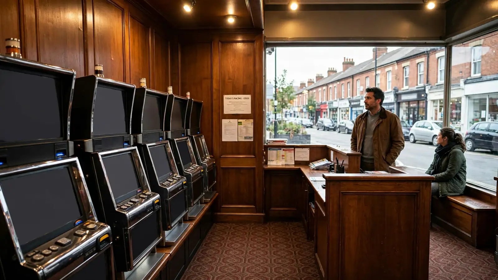 Interior of a UK betting shop with slot machines facing away from view