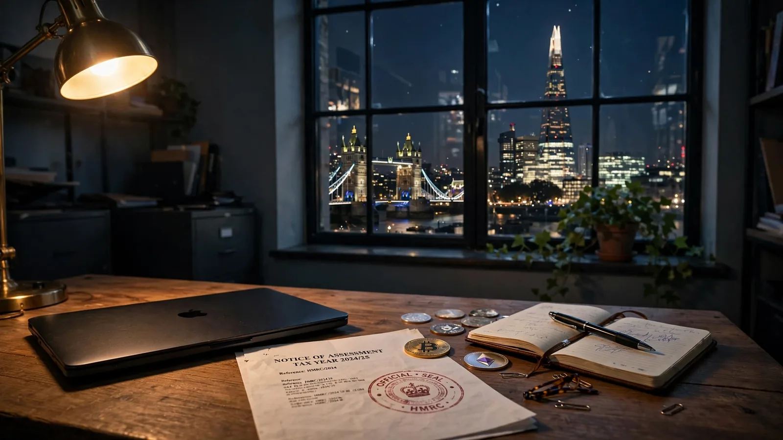London office desk with laptop, crypto coins, and an official document against the night skyline.
