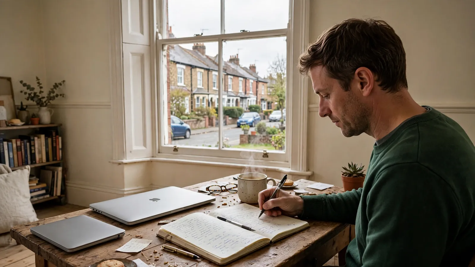 Person at a desk in a British home with closed laptop, tea, and notebook beside a sash window.
