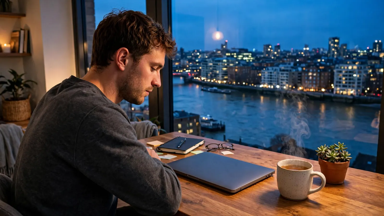 Person at a wooden desk with closed laptop overlooking the London skyline at dusk.