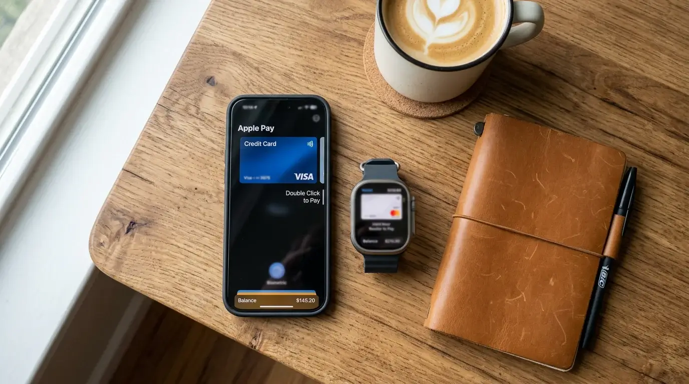 Top-down view of an iPhone and a second device on a wooden desk, each open to a different payment app, suggesting a player using both