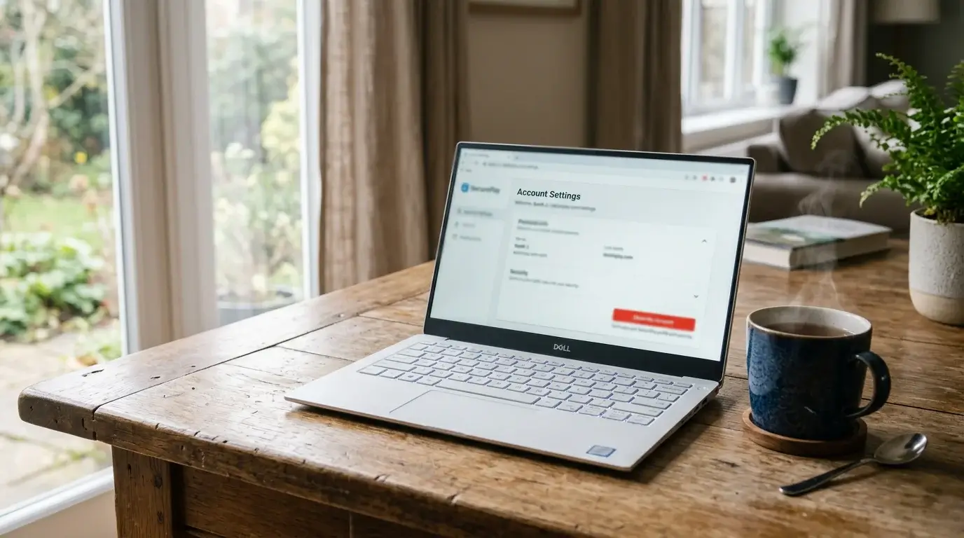 Laptop on a wooden table showing an e-wallet account settings page with an account closure option visible and a steaming mug nearby