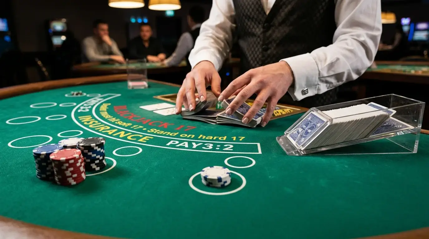 Live blackjack table inside a UK online casino studio with a dealer arranging cards under studio lighting