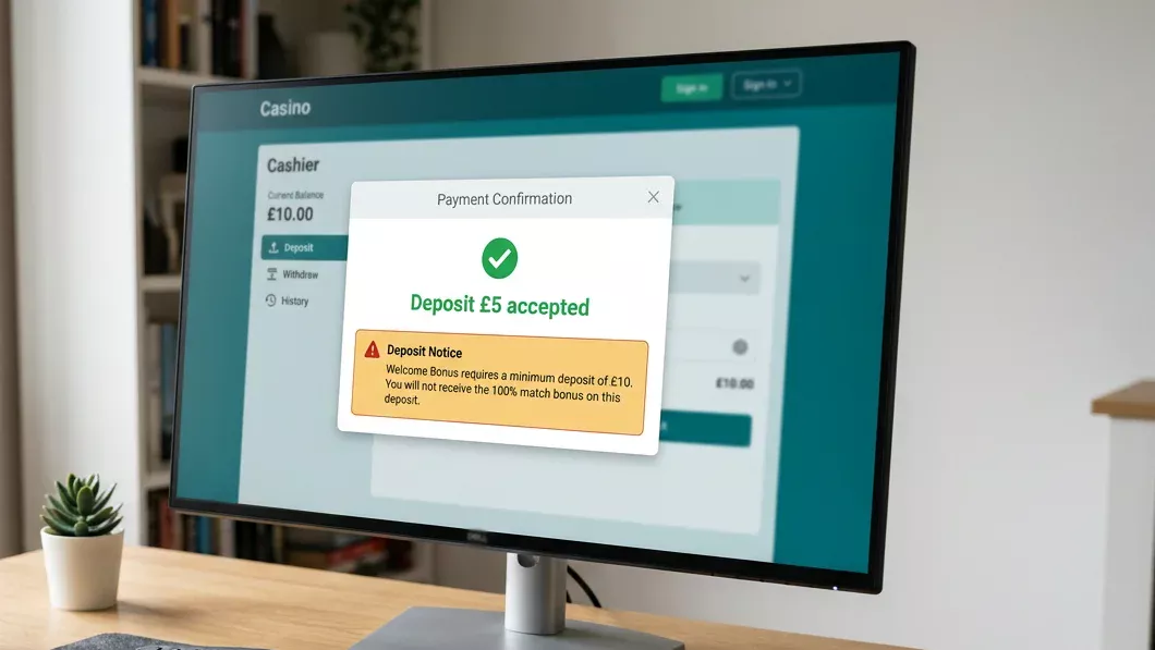Casino cashier confirmation screen showing a £5 deposit accepted but with a notice that the welcome bonus requires at least £10
