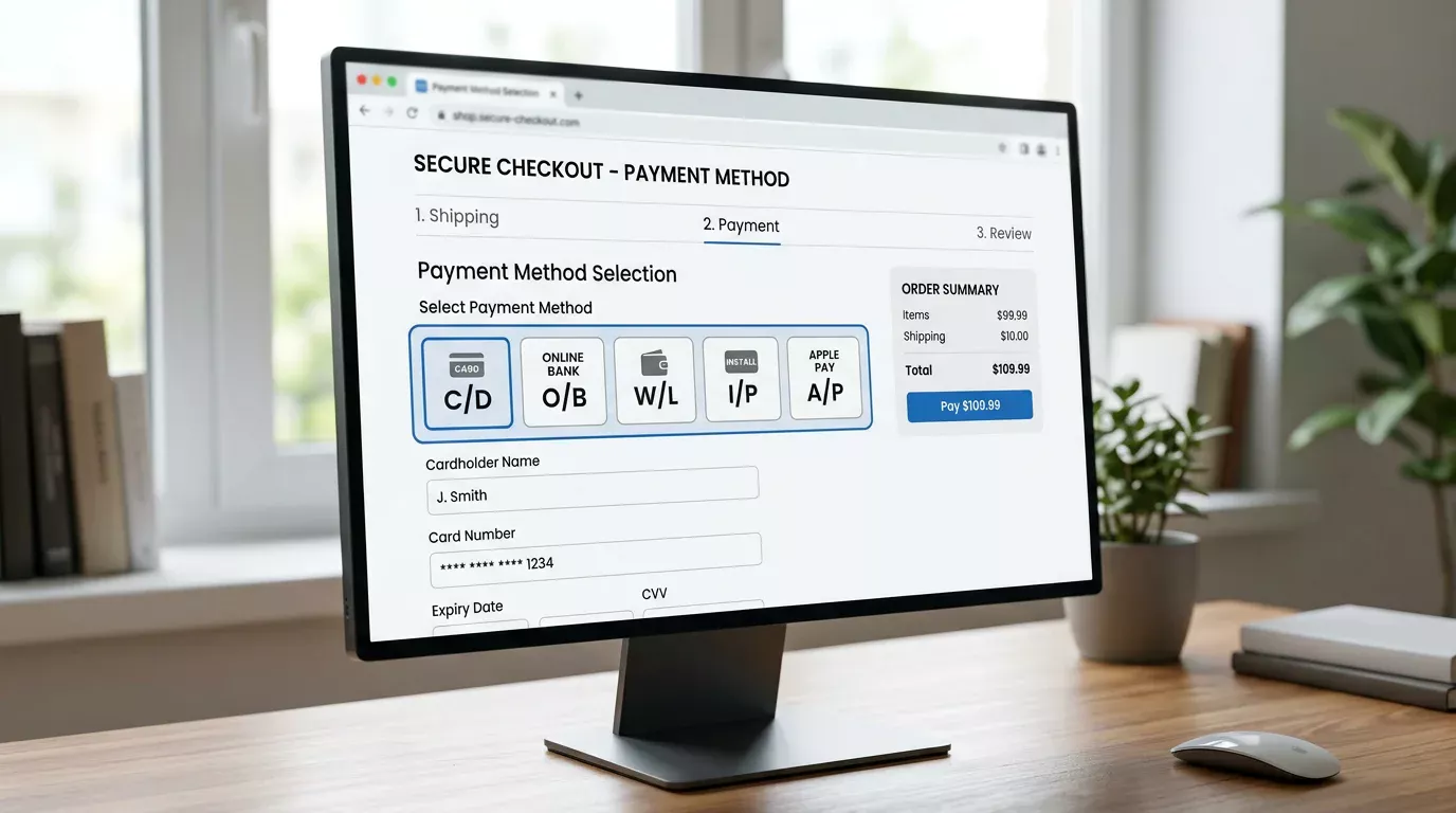 Online merchant checkout page accepting Mastercard logos prominently displayed at the payment selection step