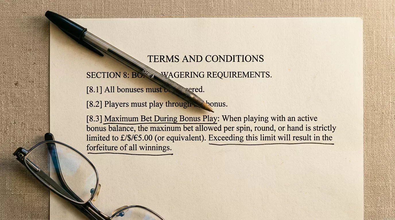 Close-up of a printed casino terms and conditions sheet with the maximum bet clause underlined and a pen resting on the page
