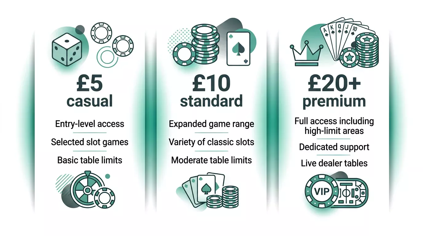 Diagram showing casino operator segments grouped by published minimum deposit ranging from £5 casual brands to £20+ premium brands