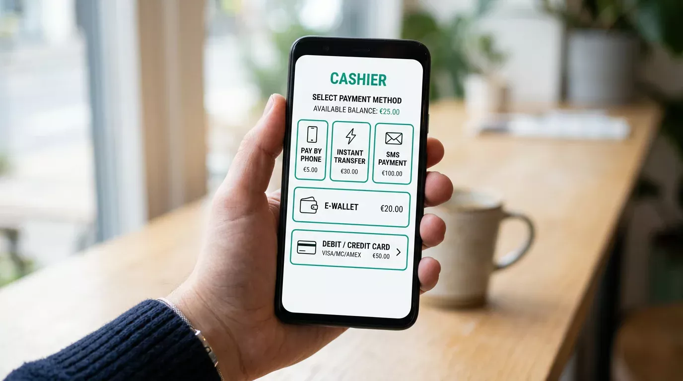Smartphone displaying a mobile-first casino cashier with Apple Pay, Google Pay and Payz options stacked vertically