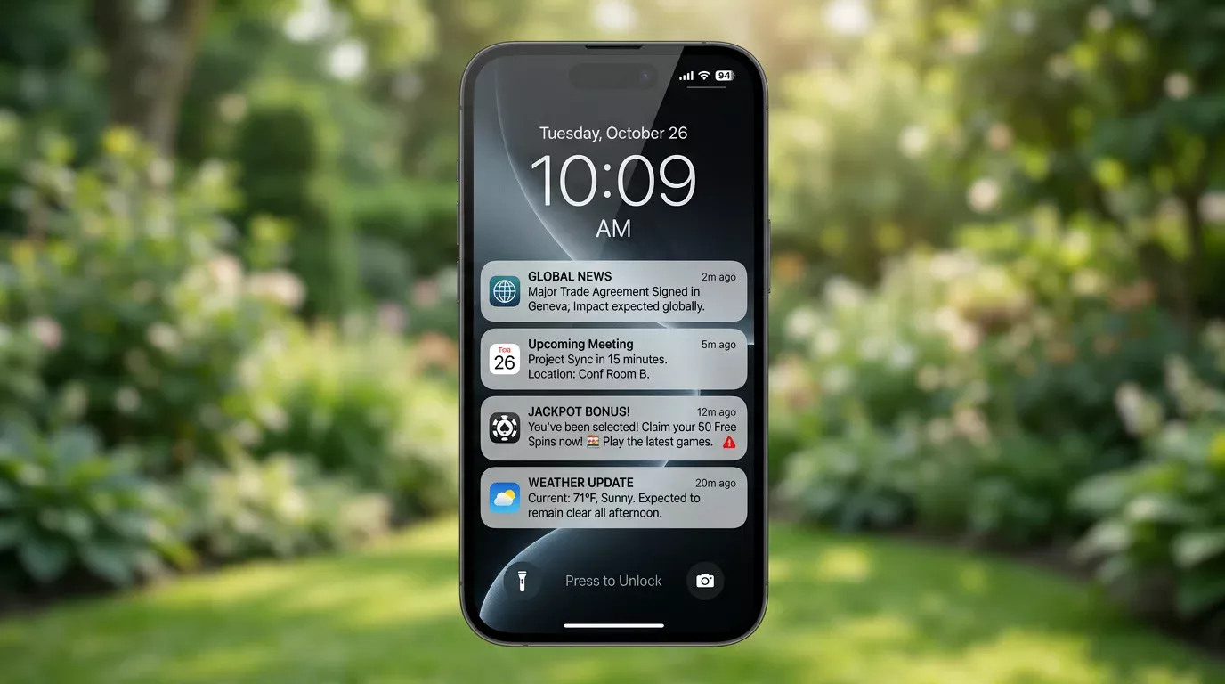 Smartphone lock screen showing several push notifications including casino promotional alerts amongst other apps