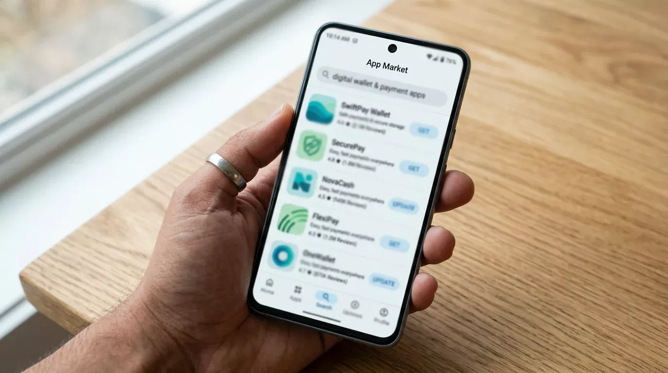 Mobile app store search results for wallet apps including Payz listed with download and update buttons visible