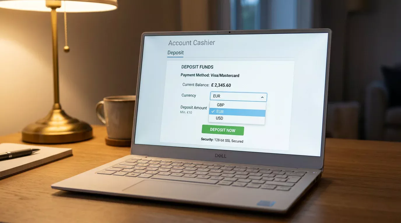 Laptop showing an online casino cashier with a currency selector dropdown displaying GBP, EUR and USD options