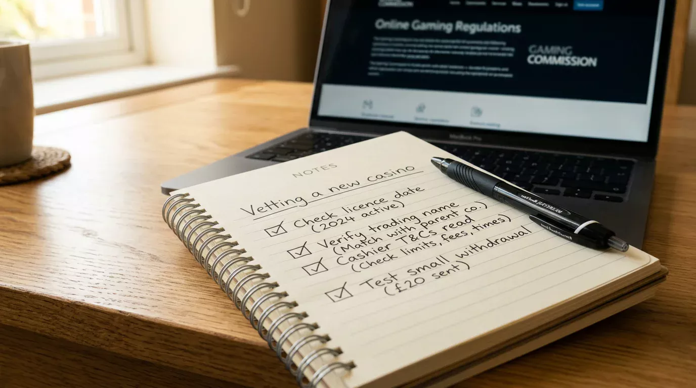 Notepad with a hand-written checklist of vetting steps for a new UK online casino resting on a laptop keyboard