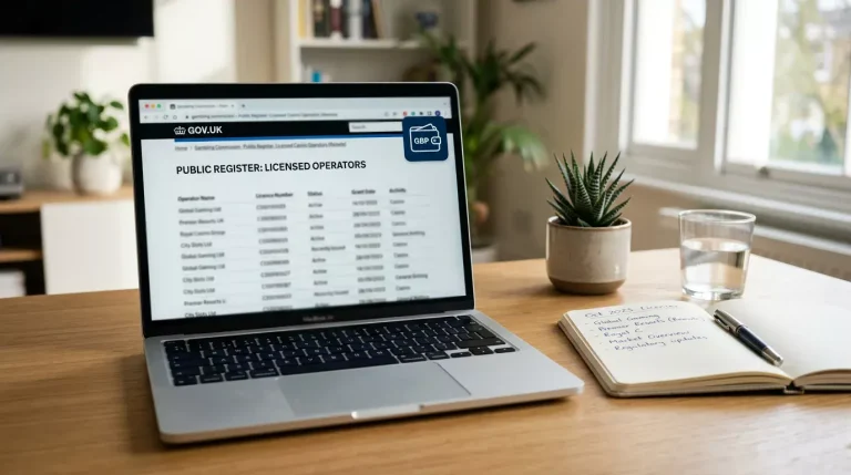Laptop displaying the UK Gambling Commission public register filtered to recently licensed casinos accepting Payz
