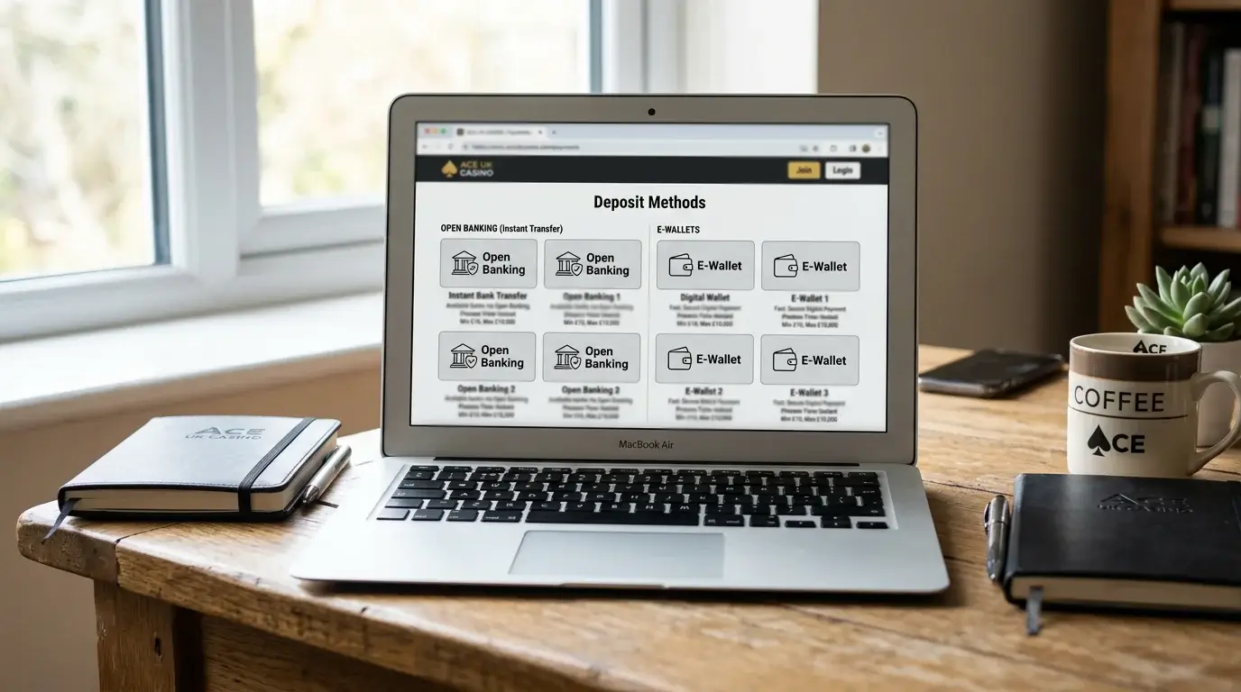Laptop browser showing a newly launched UK casino's payment options page with both open banking and wallet logos listed