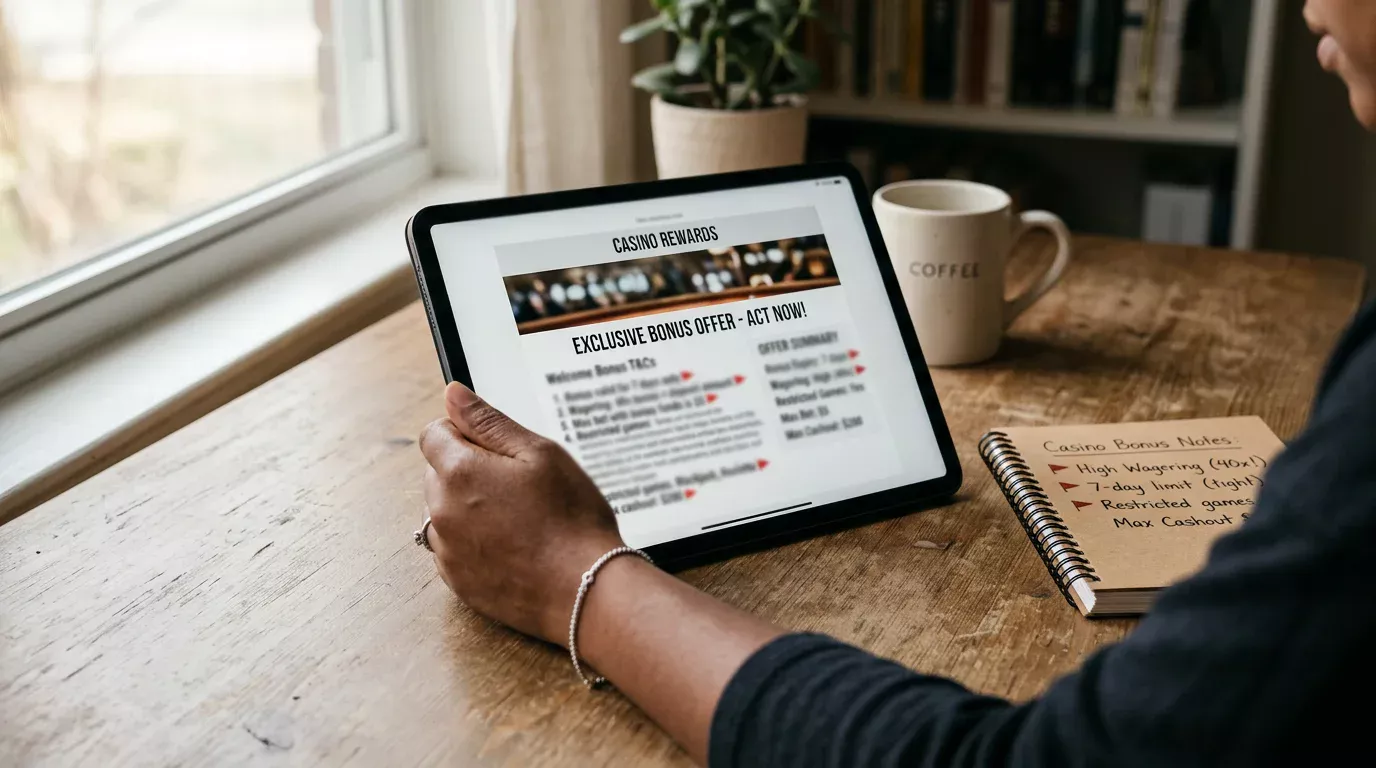 Person reviewing a casino promotion email on a tablet with key clauses marked in red