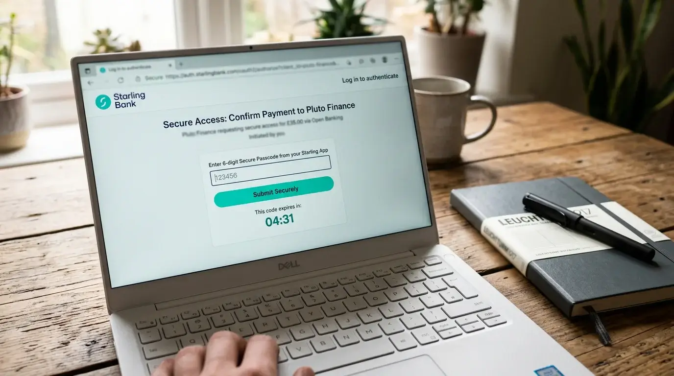 Laptop screen displaying a secure bank login step initiated through an open banking flow, with a clear authentication prompt visible