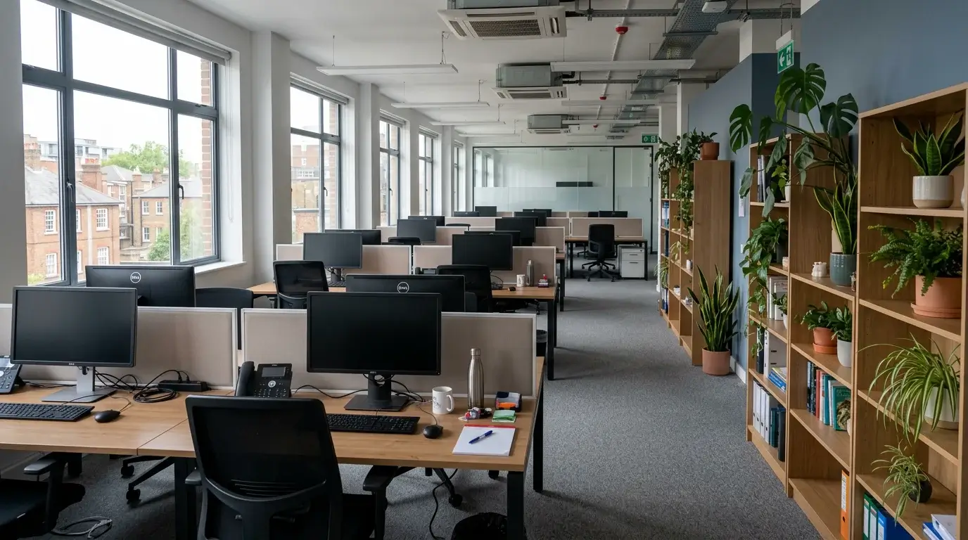 Empty UK office desks with monitors switched off, a quiet operations room outside business hours