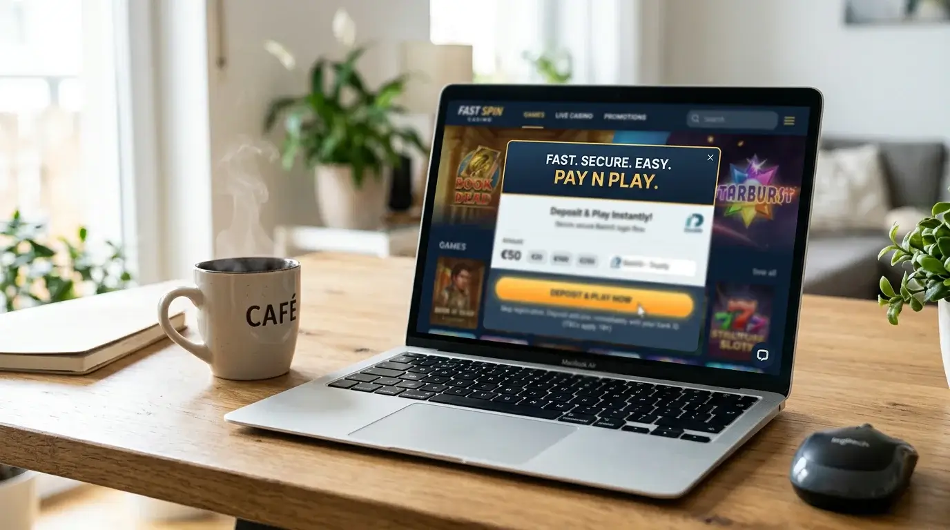 Laptop screen showing a casino lobby with a Pay N Play prompt that skips the full registration form during the first session