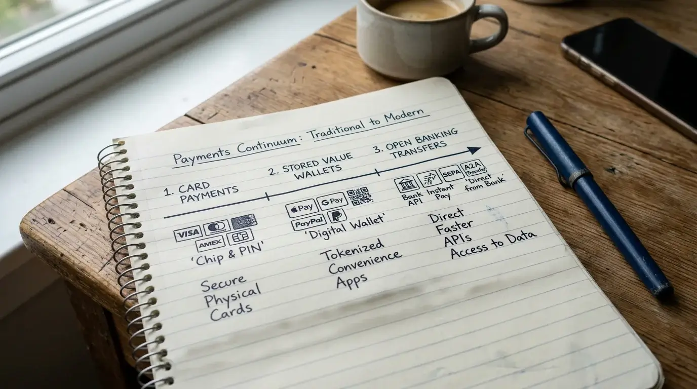 Hand-drawn diagram in a paper notebook showing a horizontal continuum from card payments through wallets to open banking