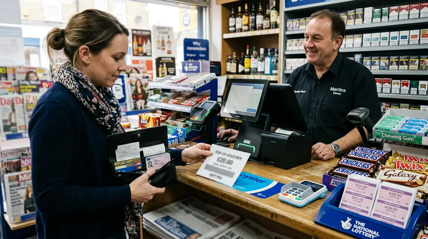 A UK newsagent counter scene with a printed prepaid voucher just received, PIN strip facing down, a wallet in the customer's hand