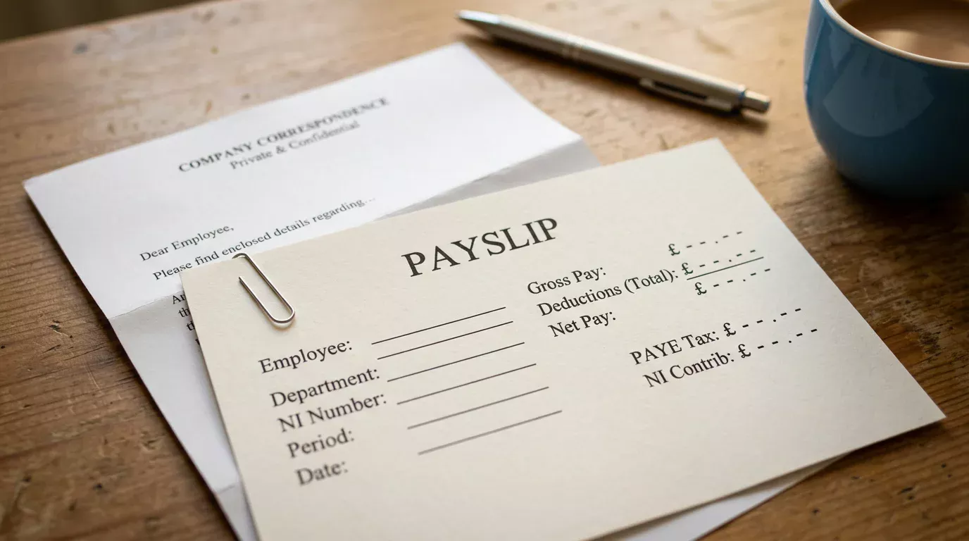 Printed payslip and employer letter lying on a wooden desk under daylight as source-of-funds documentation