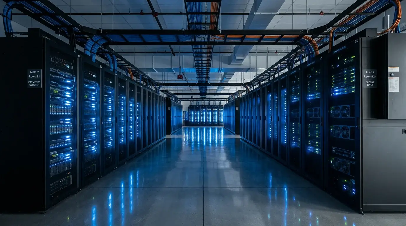 Cool blue server racks in a clean modern data centre suggesting an always-on payments infrastructure