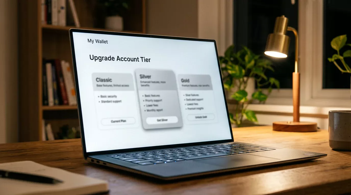 Smartphone displaying a Payz wallet account tier upgrade screen with Silver and Gold options visible