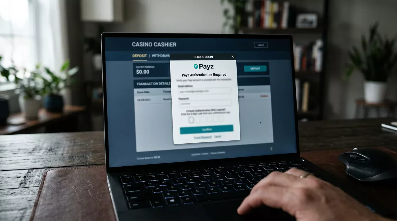 Payz authentication overlay during the casino cashier deposit handover step