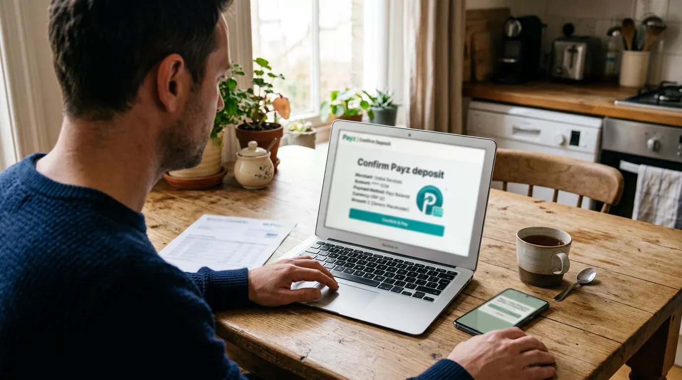 Person completing an online casino deposit using the Payz e-wallet authentication screen on a laptop