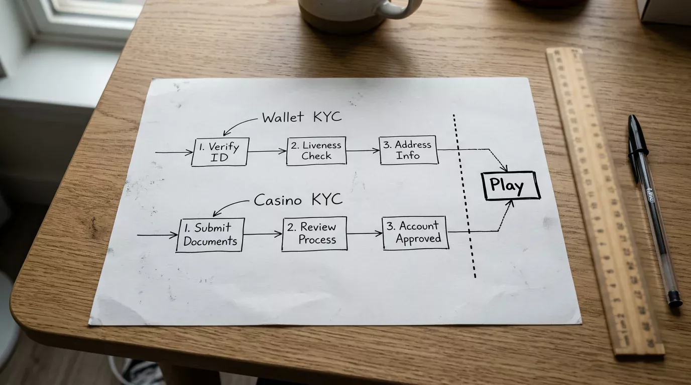 Whiteboard sketch comparing the wallet verification track and the casino verification track as two parallel checkpoints
