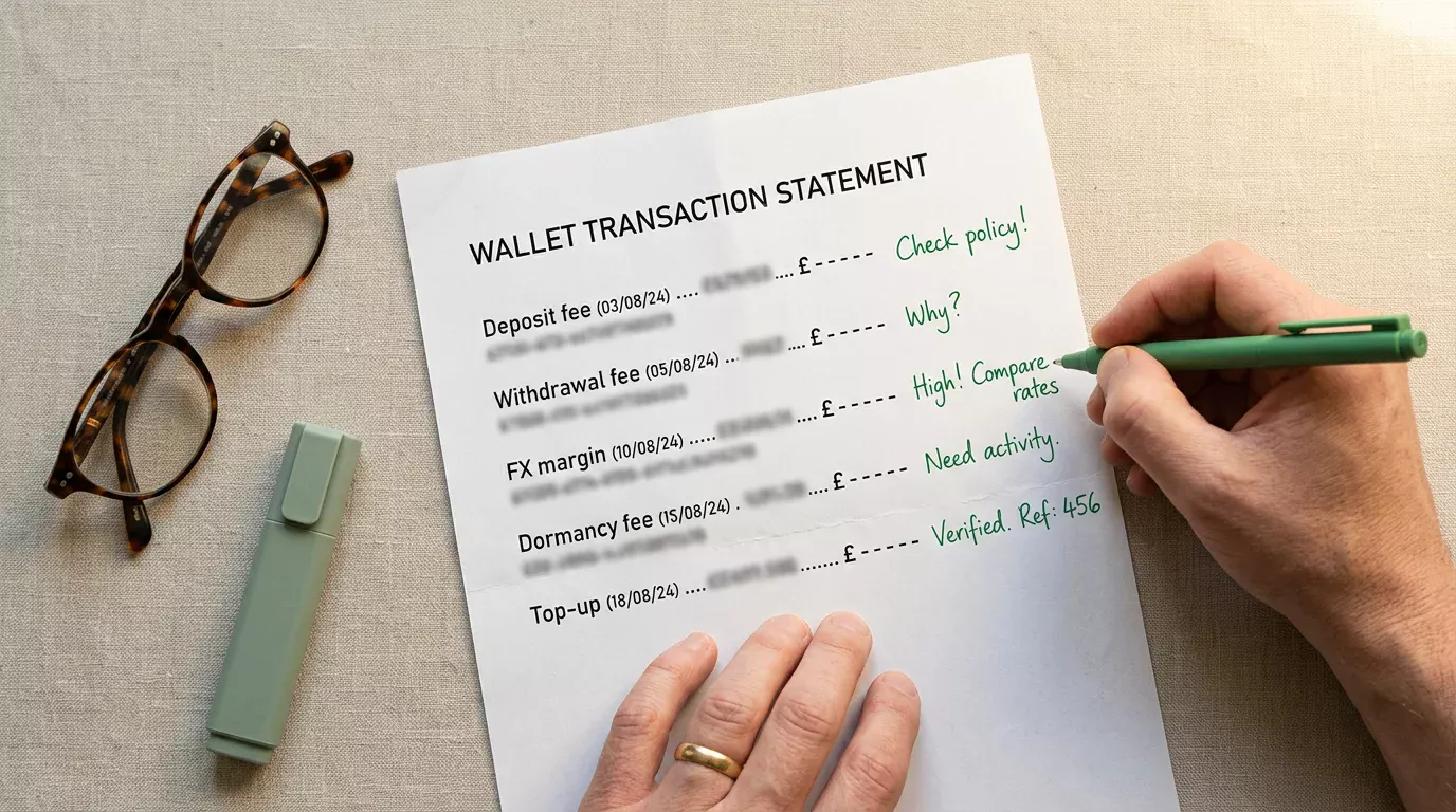 Hand annotating a printed UK casino transaction summary showing Payz deposit and withdrawal fee layers
